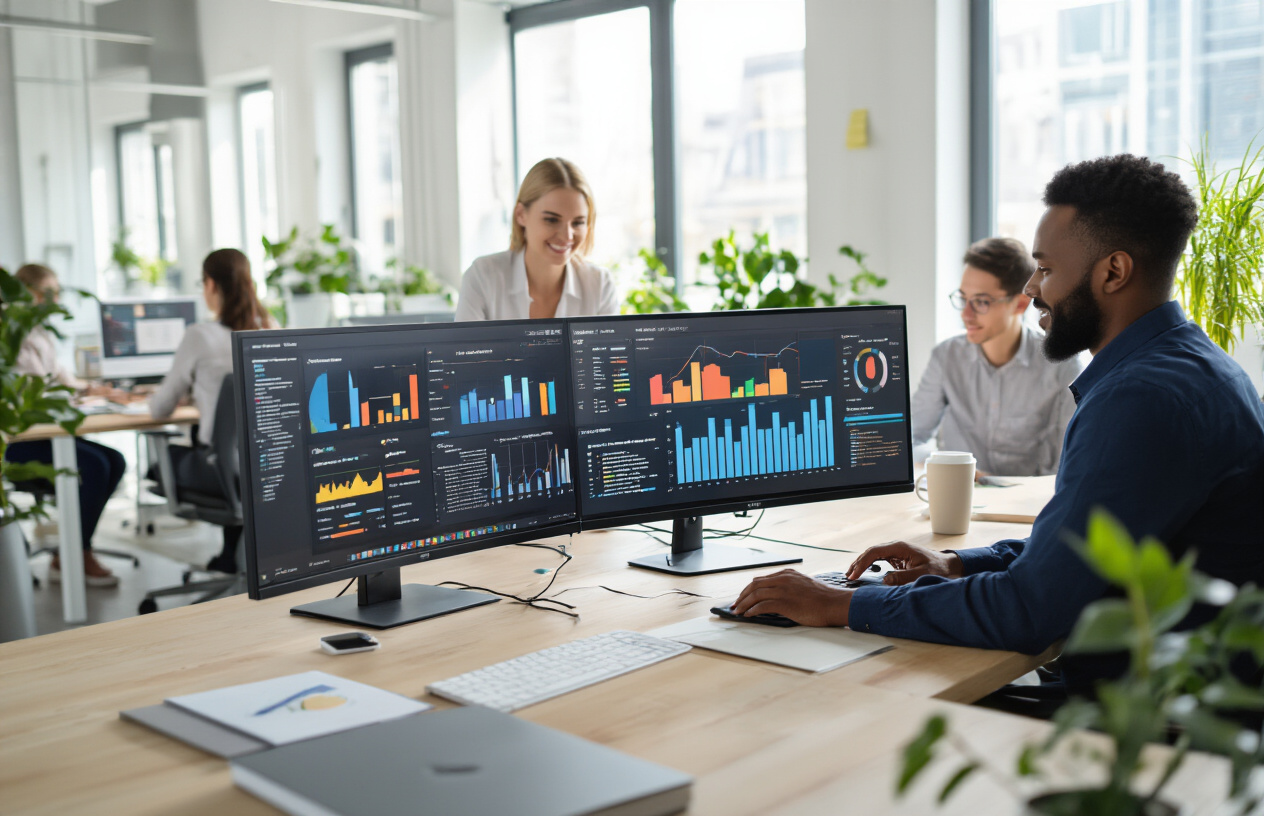 Create a realistic image of a modern office environment showing a diverse team of professionals including a white female manager and a black male employee collaborating around a computer workstation displaying colorful dashboard charts and graphs, with other team members working in the background at their desks, bright natural lighting streaming through large windows, conveying productivity and successful teamwork in a clean contemporary workspace with plants and modern furniture, absolutely NO text should be in the scene.