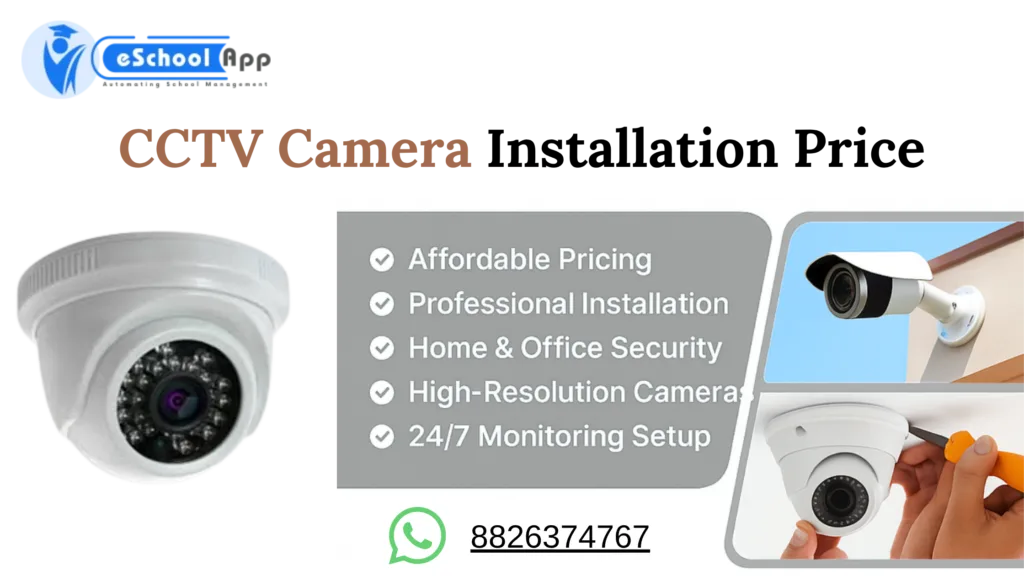 CCTV camera installation price banner listing affordable pricing, professional installation, high-resolution cameras and 24/7 monitoring