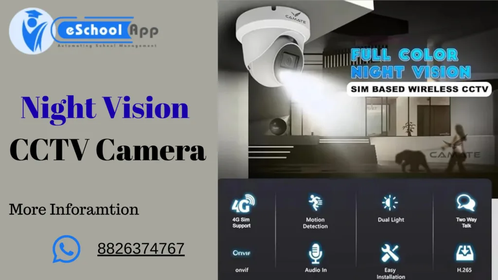 Night-vision CCTV camera showing a full-colour night image, with 4G SIM support, motion detection, two-way talk and audio-in features