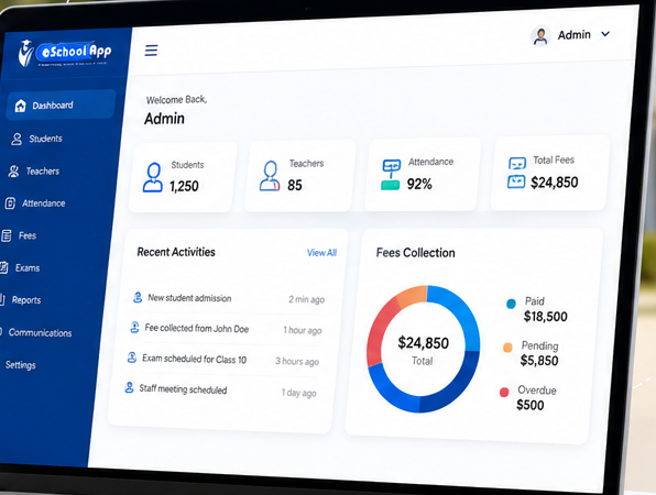 eSchoolApp admin dashboard listing recent activities such as new admissions and fee collection, alongside a fees collection breakdown of paid, pending and overdue