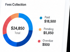 Fee collection breakdown in eSchoolApp showing paid, pending and overdue amounts as a donut chart