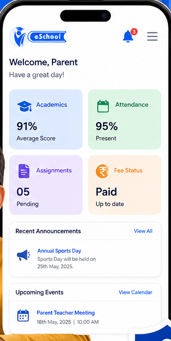 eSchoolApp parent app home screen showing academic average, attendance percentage, pending assignments, fee status, recent announcements and upcoming events
